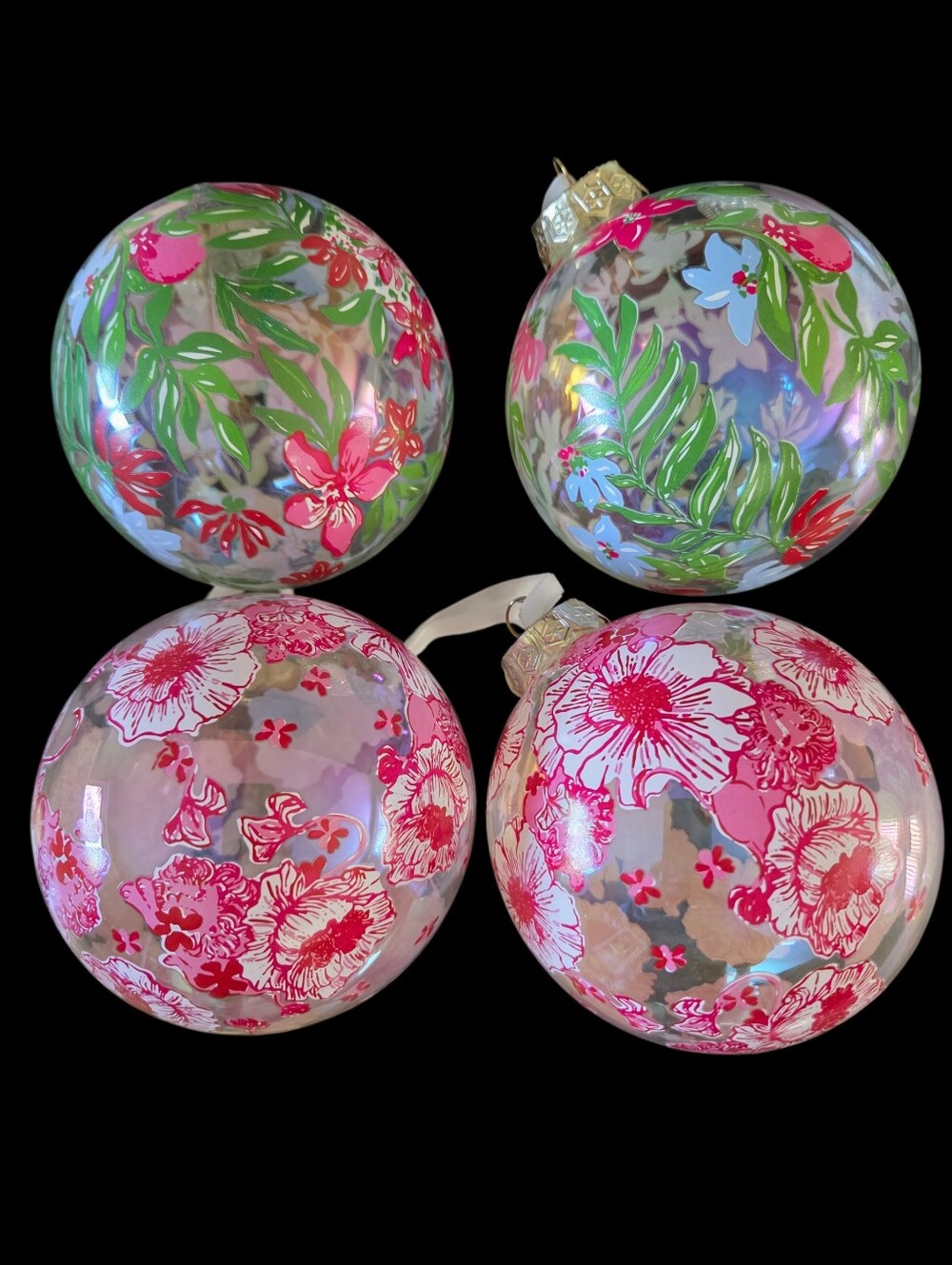 Lilly Pulitzer Floral 4 Glass Christmas Ornaments Set Of 2 Boxes Holiday Decor